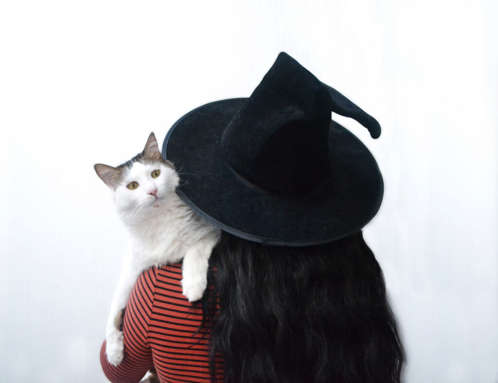 woman dressed in a witch hat holding a cat.